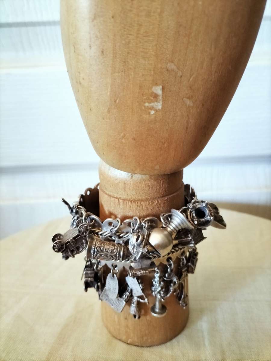 Hinged Silver Bracelet with Vintage Charms 149 grams