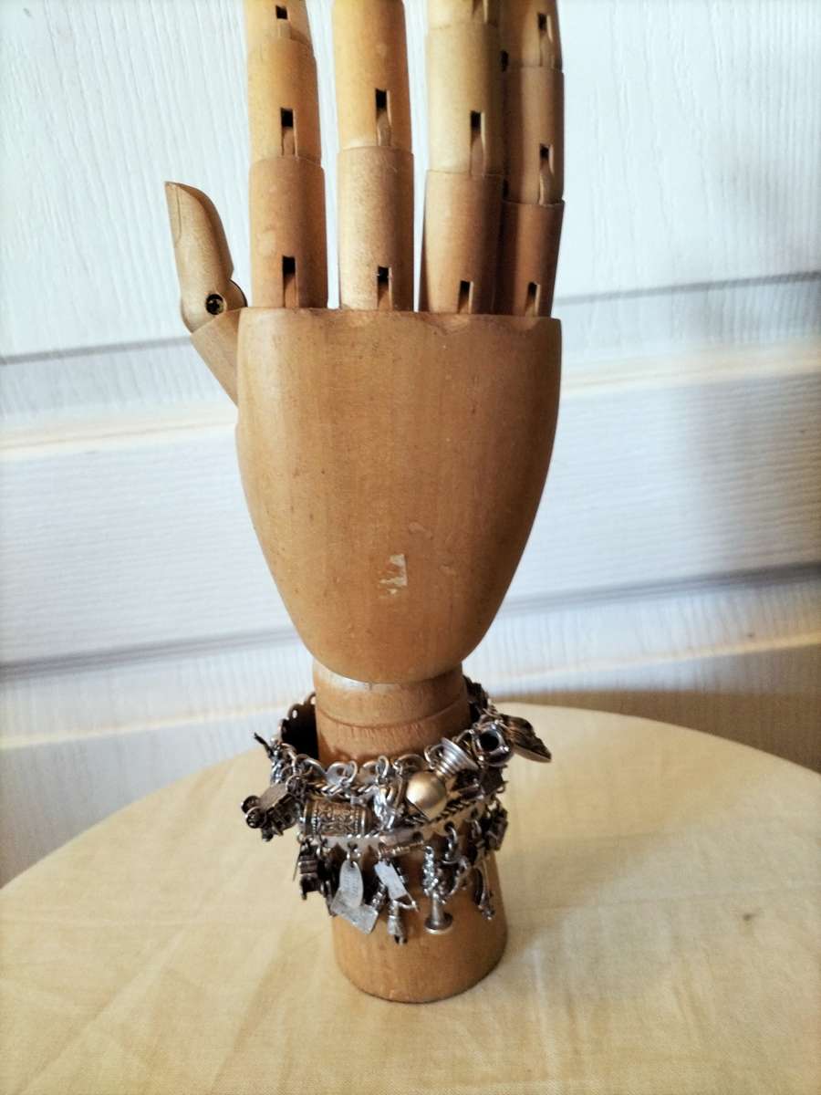 Hinged Silver Bracelet with Vintage Charms 149 grams