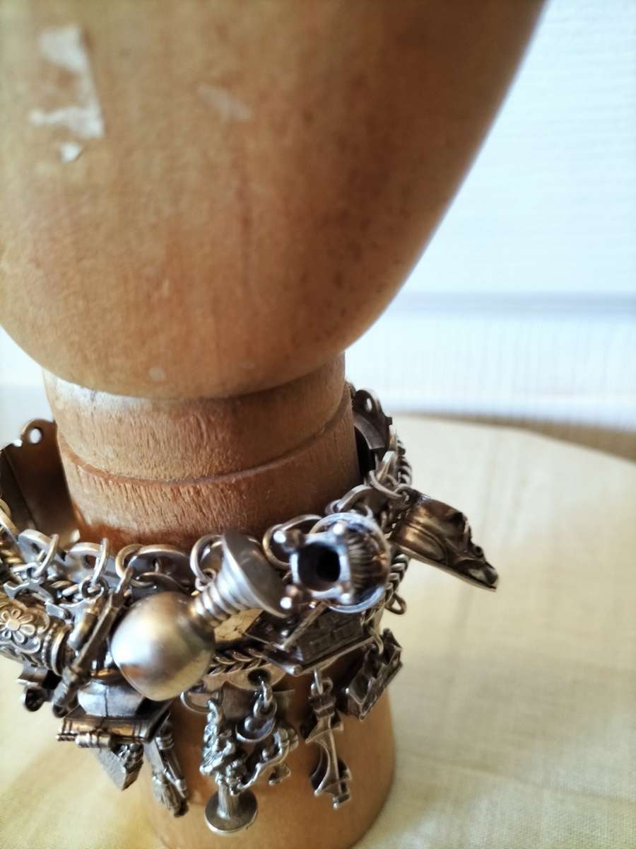 Hinged Silver Bracelet with Vintage Charms 149 grams