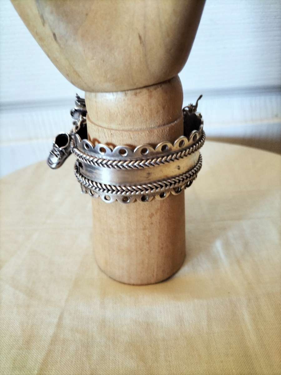 Hinged Silver Bracelet with Vintage Charms 149 grams