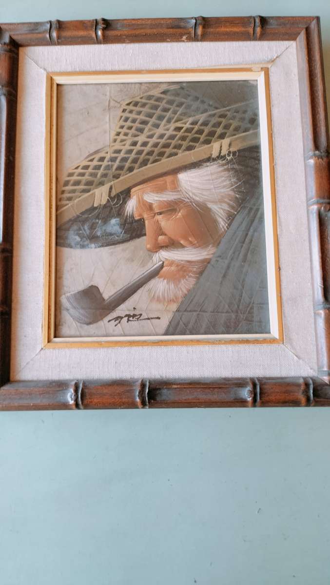 Chinese Man Smoking a Pipe original Acrylic Painting on Tobacco Leaf