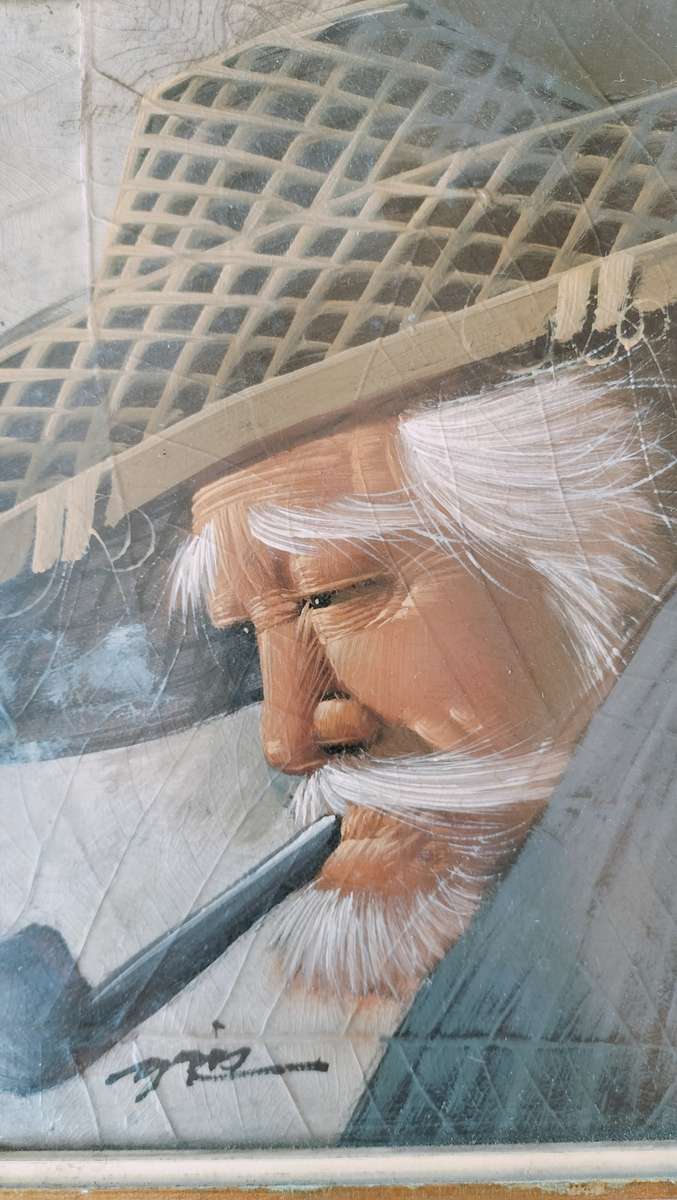 Chinese Man Smoking a Pipe original Acrylic Painting on Tobacco Leaf