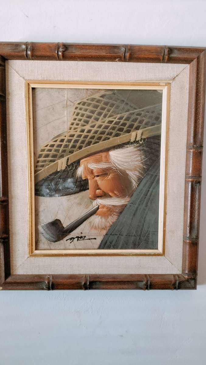 Chinese Man Smoking a Pipe original Acrylic Painting on Tobacco Leaf