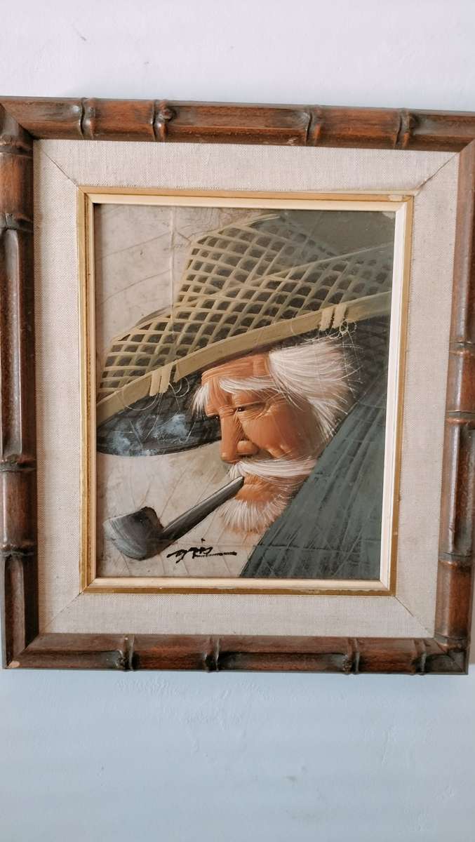 Chinese Man Smoking a Pipe original Acrylic Painting on Tobacco Leaf