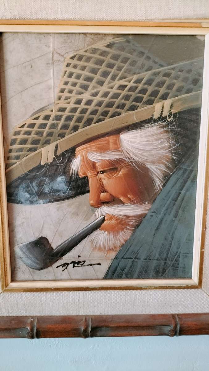 Chinese Man Smoking a Pipe original Acrylic Painting on Tobacco Leaf