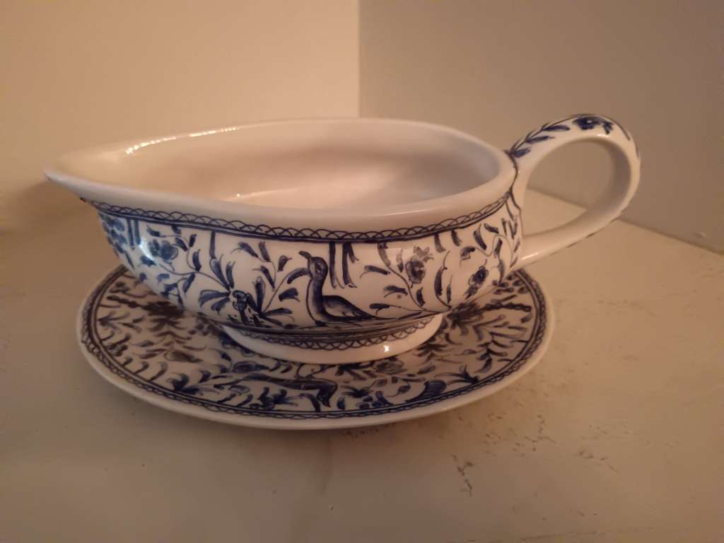 Ceramica Conimgriga hand Painted Gravy Boat with Saucer from Portugual