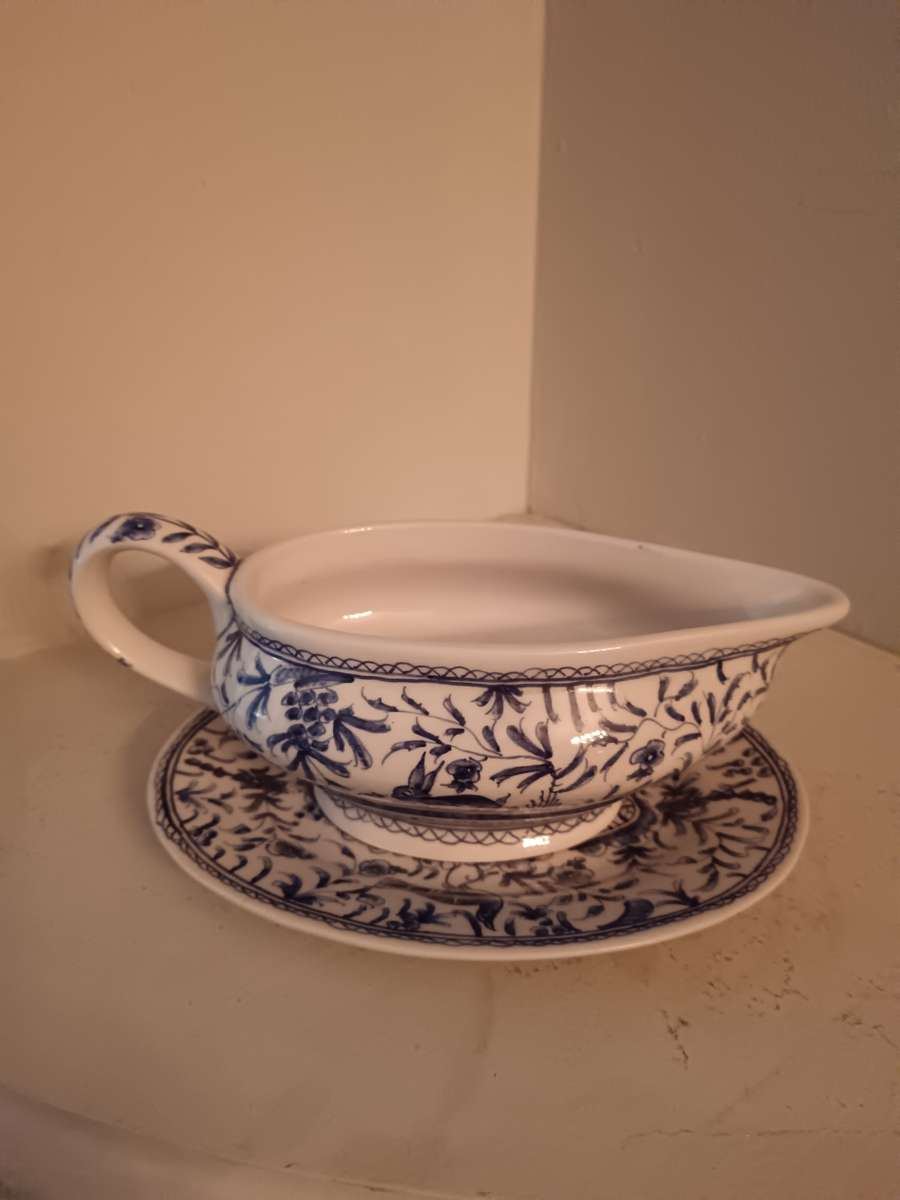 Ceramica Conimgriga hand Painted Gravy Boat with Saucer from Portugual