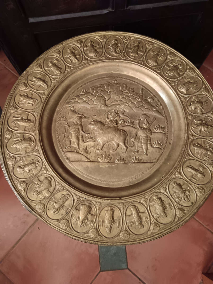 Indian Brass Tray with Carved Wooden Base C1880 Table