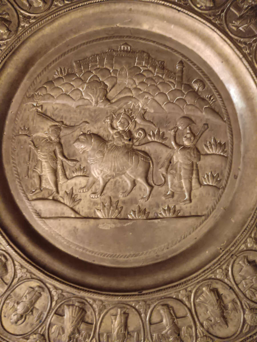 Indian Brass Tray with Carved Wooden Base C1880 Table