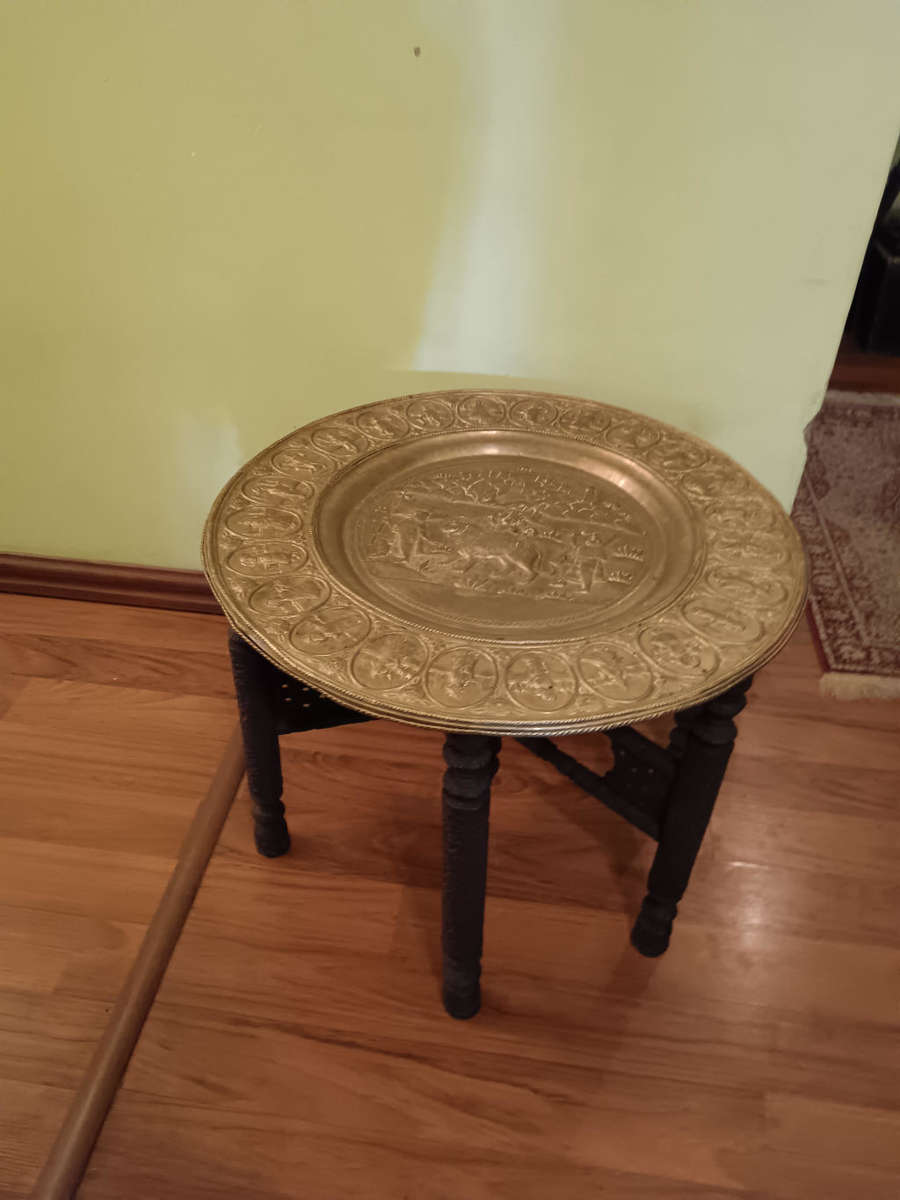 Indian Brass Tray with Carved Wooden Base C1880 Table