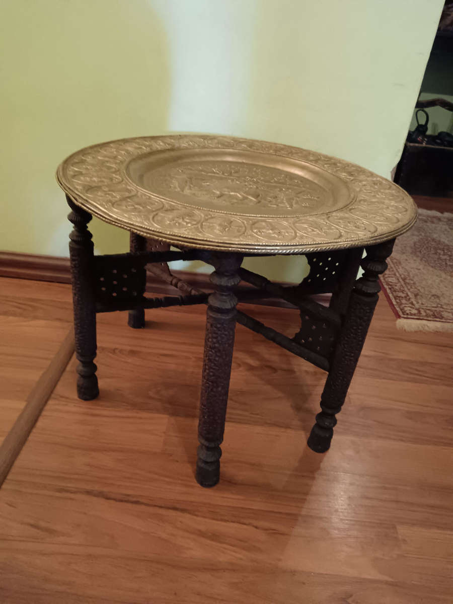 Indian Brass Tray with Carved Wooden Base C1880 Table