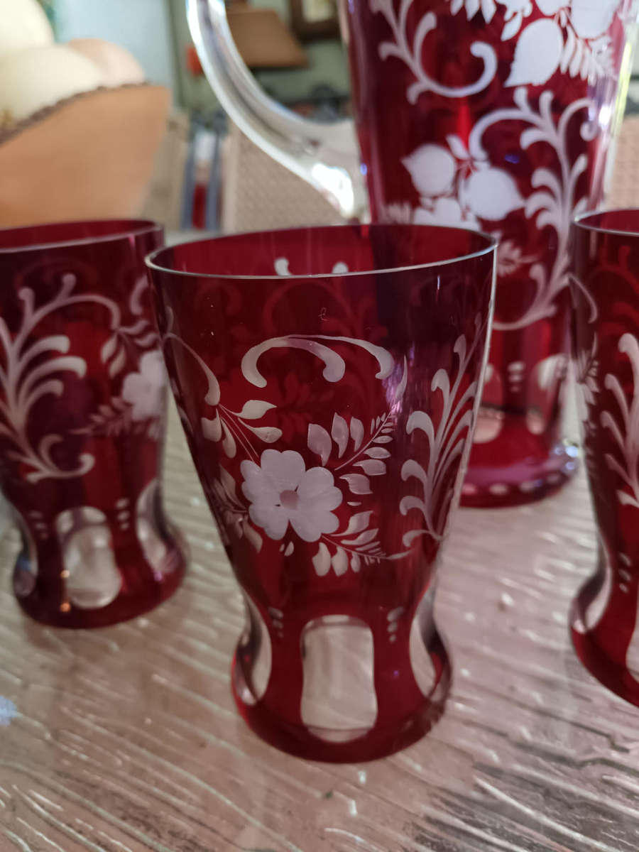 kristall Bohemian Ruby Red Crystal  Pitcher with 4 Glasses