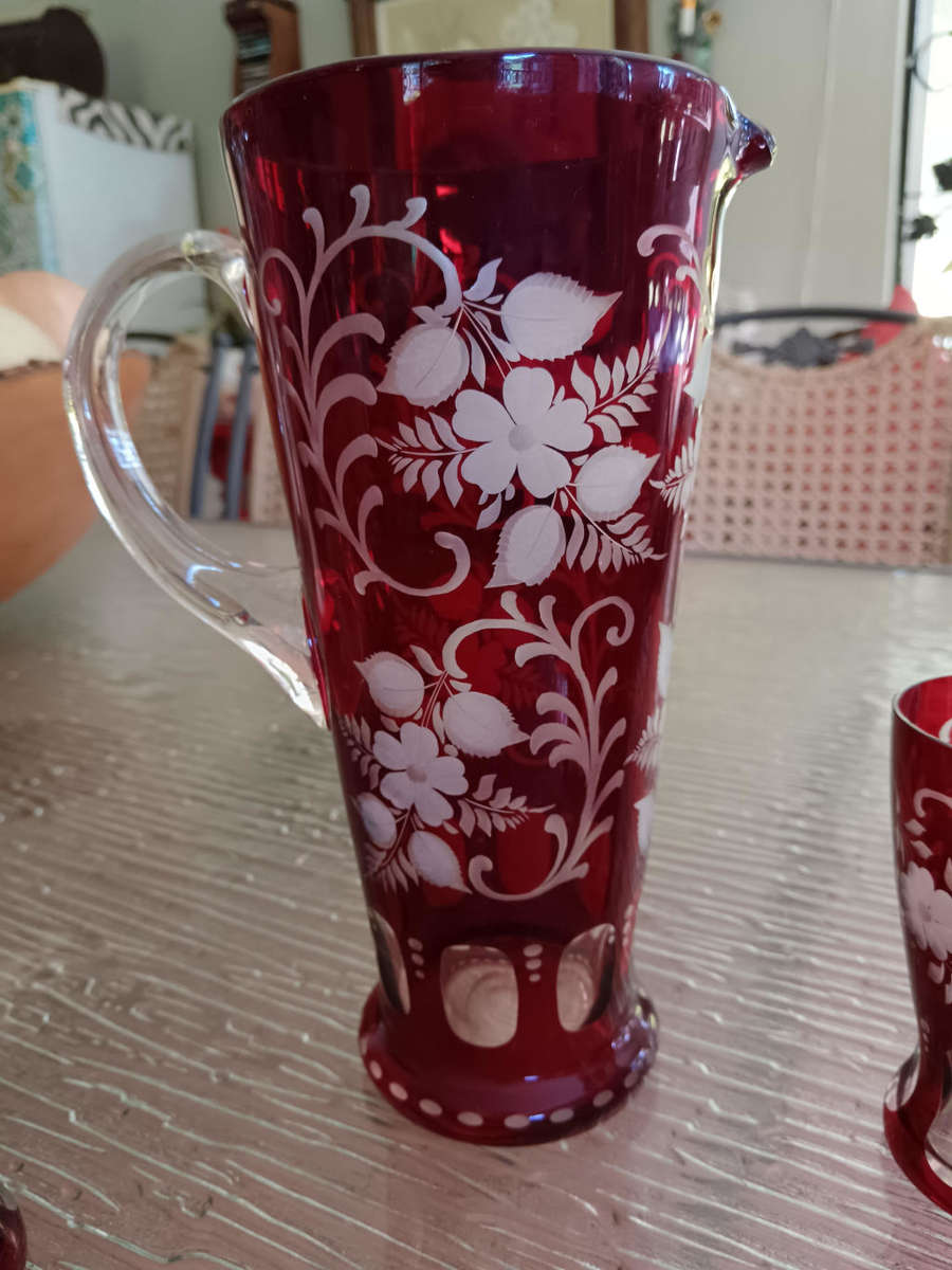 kristall Bohemian Ruby Red Crystal  Pitcher with 4 Glasses