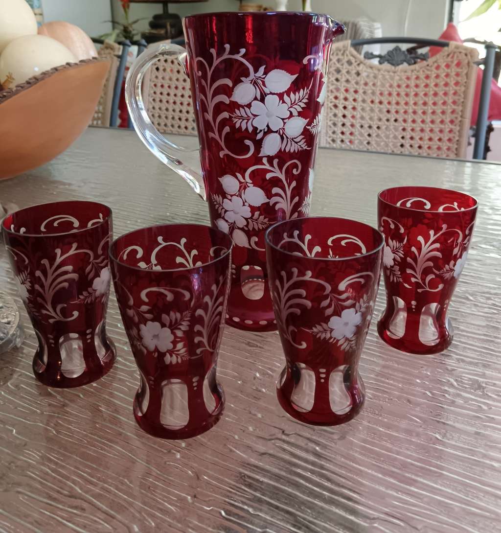 kristall Bohemian Ruby Red Crystal  Pitcher with 4 Glasses