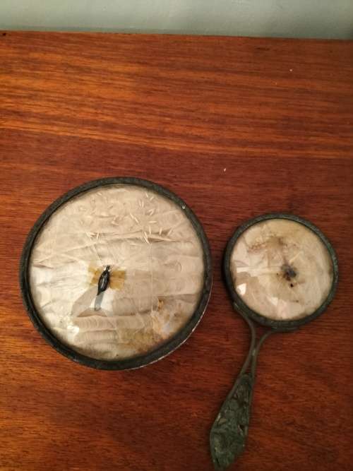 Victorian Hand Held Mirror with matching Jar with Butterfly lid and top of Mirror