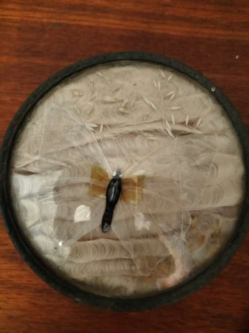 Victorian Hand Held Mirror with matching Jar with Butterfly lid and top of Mirror