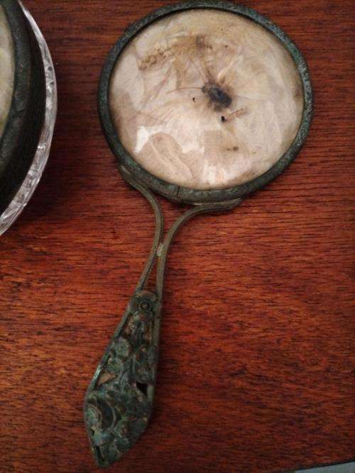 Victorian Hand Held Mirror with matching Jar with Butterfly lid and top of Mirror