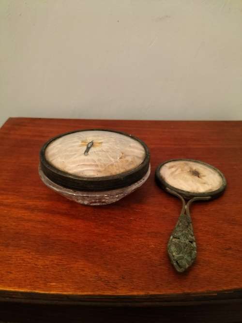 Victorian Hand Held Mirror with matching Jar with Butterfly lid and top of Mirror