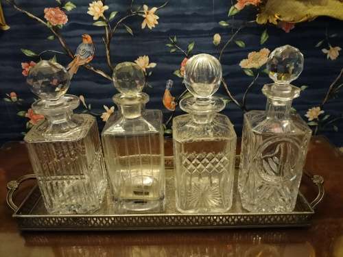 Set of Crystal Decanters with Silver Plated Gallery Tray