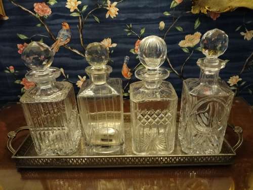 Set of Crystal Decanters with Silver Plated Gallery Tray