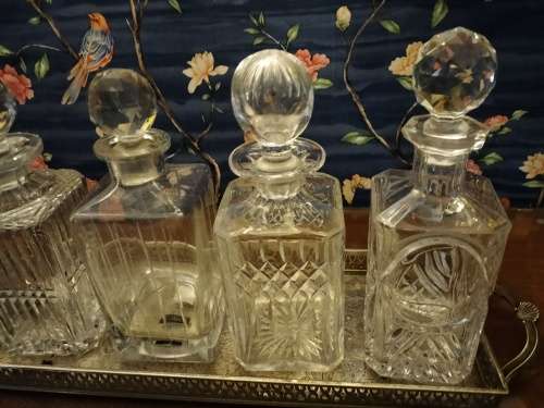 Set of Crystal Decanters with Silver Plated Gallery Tray
