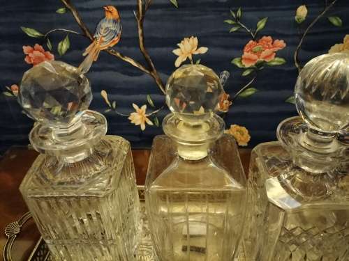 Set of Crystal Decanters with Silver Plated Gallery Tray