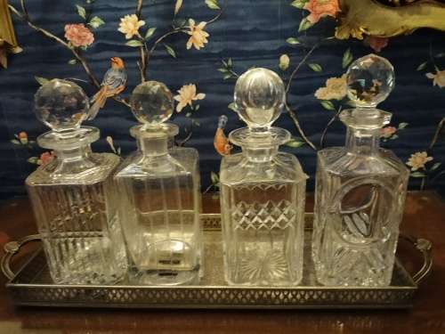 Set of Crystal Decanters with Silver Plated Gallery Tray