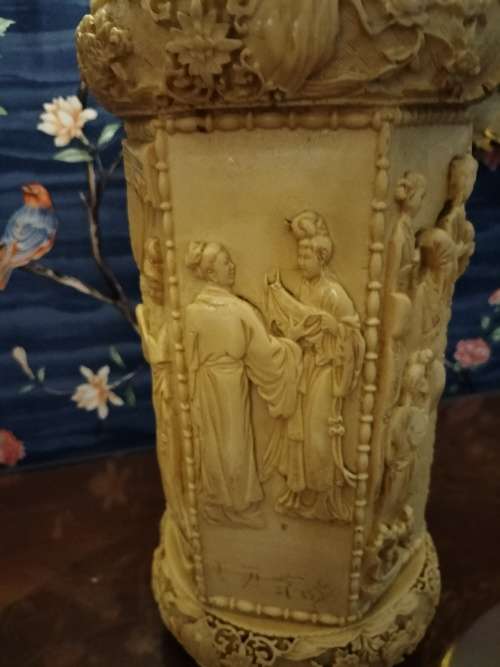 Vintage Unusual Chinese Carved Figural Group Vase/ Umbrella Stand