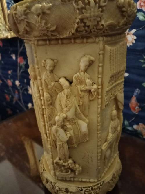 Vintage Unusual Chinese Carved Figural Group Vase/ Umbrella Stand
