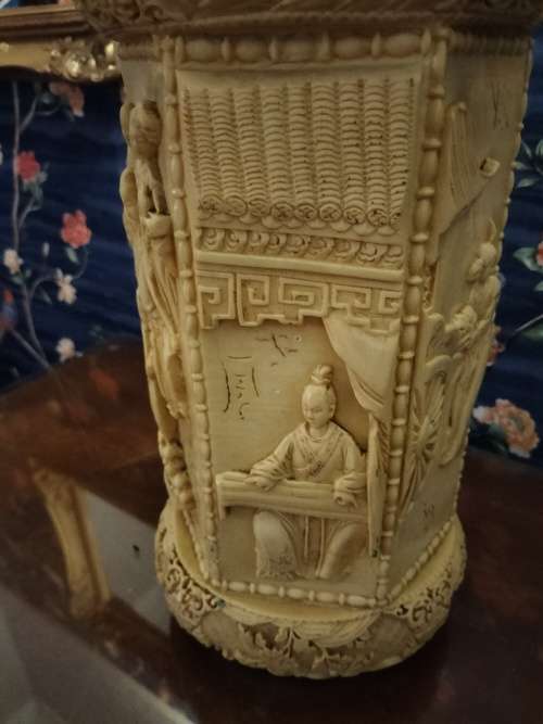 Vintage Unusual Chinese Carved Figural Group Vase/ Umbrella Stand