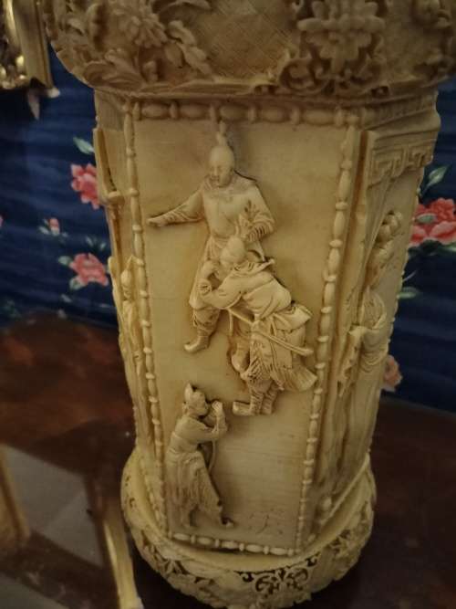 Vintage Unusual Chinese Carved Figural Group Vase/ Umbrella Stand