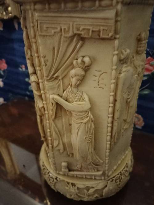 Vintage Unusual Chinese Carved Figural Group Vase/ Umbrella Stand