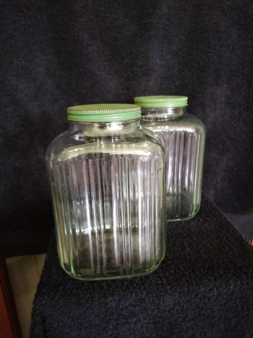 Vintage Pair of Glass Storage Jars With Green Lids