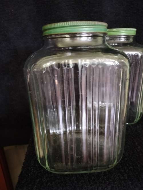 Vintage Pair of Glass Storage Jars With Green Lids