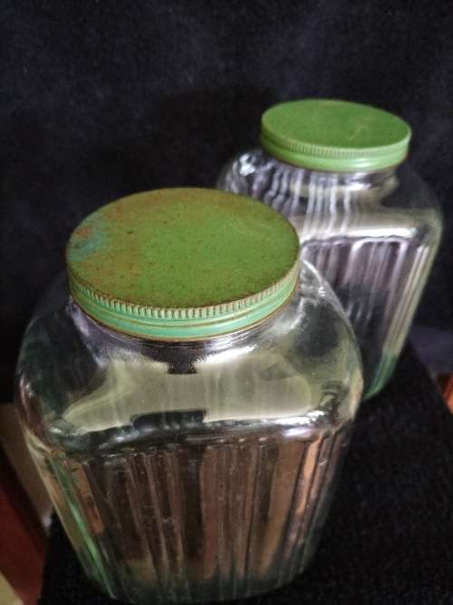 Vintage Pair of Glass Storage Jars With Green Lids