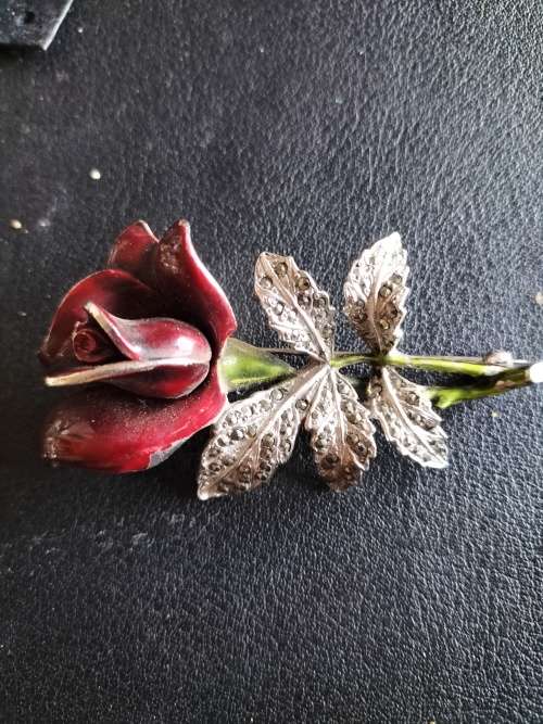 Marcasite and Enamel Rose Brooch