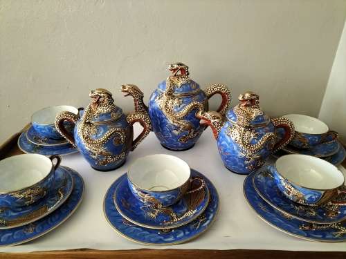 Japanese Kutanu Dragon Ware Tea Set Geisha Girls Lithophanes Moriage 21 pieces