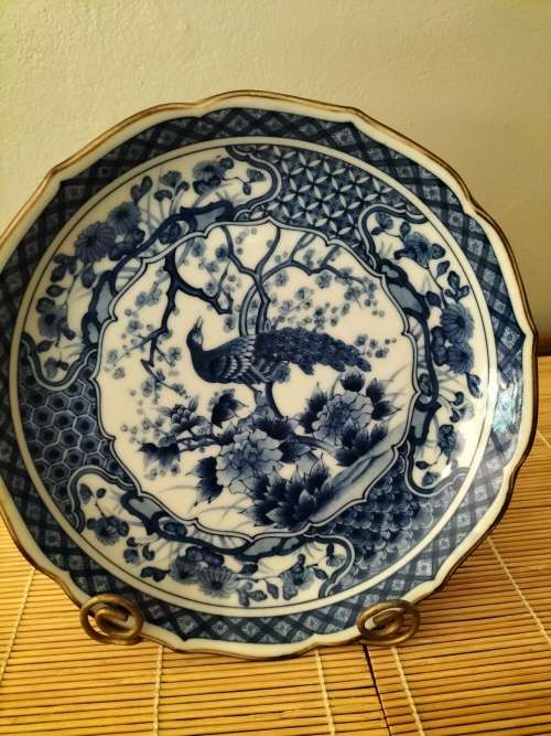 Andrea by Sadek Blue & White Peacock Plate made in Japan