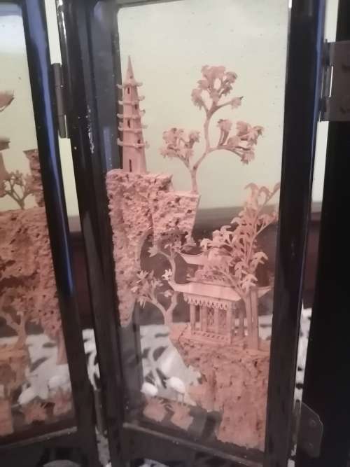 Chinese Hand Carved Cork Table Screen