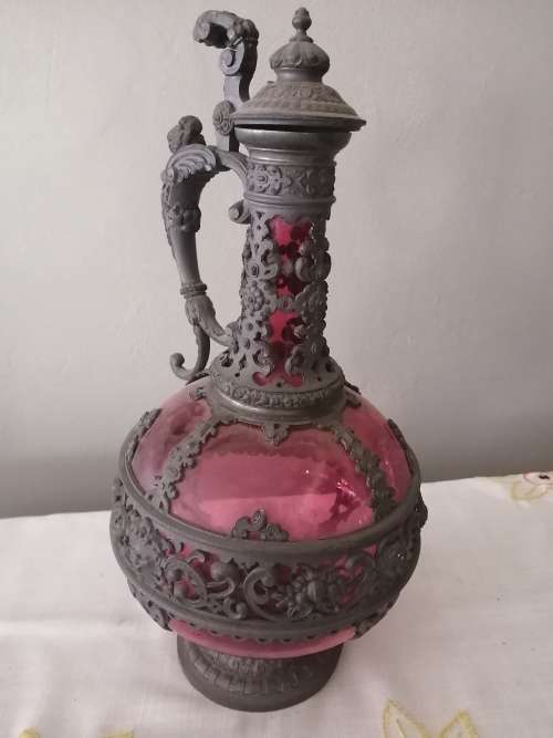 German Antique Cran berry Bacchus Angel Claret Wine Pitcher.