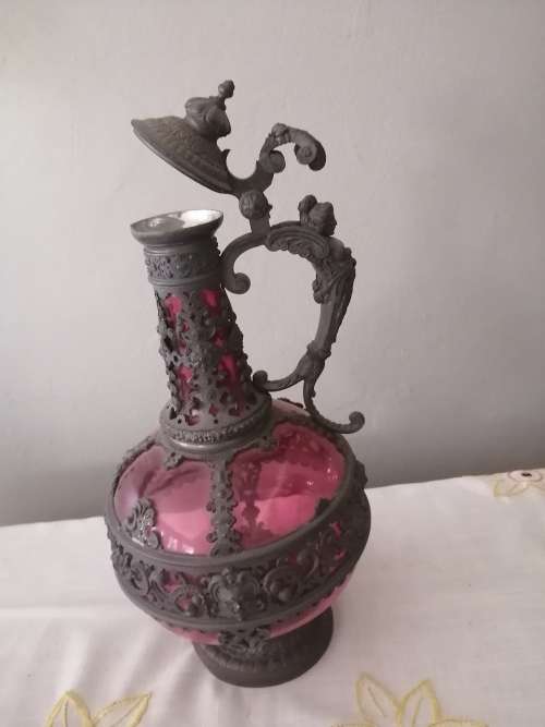 German Antique Cran berry Bacchus Angel Claret Wine Pitcher.