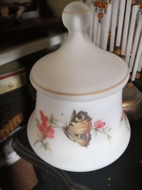 Opaque Glass Jar Decorated with Butterflies and Flowers