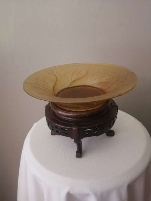 Chinese Koi Fish Bowl Lalique in Style on a Wooden Stand