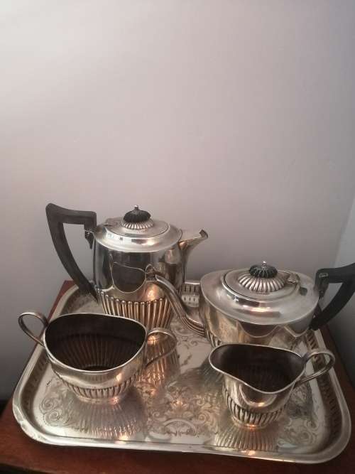 Sheffield Silver plate Tea and Coffee Set on a Gallery Tray