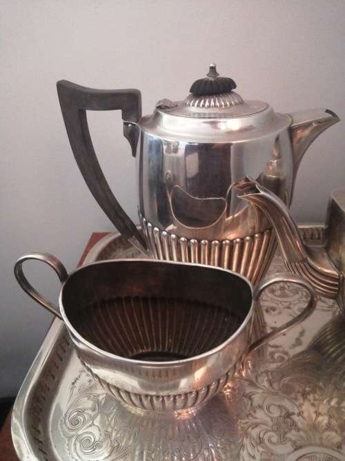 Sheffield Silver plate Tea and Coffee Set on a Gallery Tray