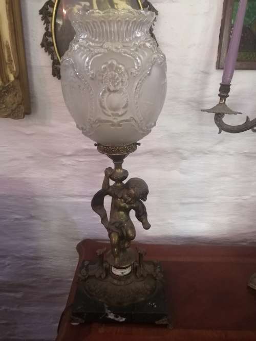Antique Italian Bronze Cherub Lamp with Original Glass Shade