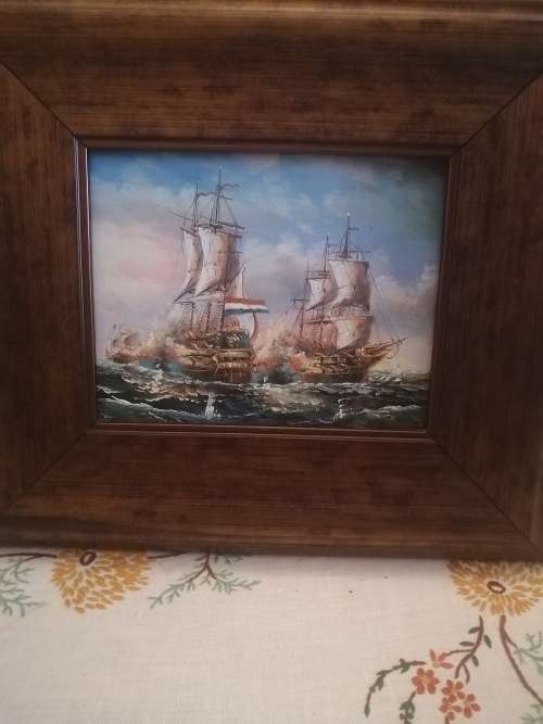 Painting of War Ships by J. Harvey framed