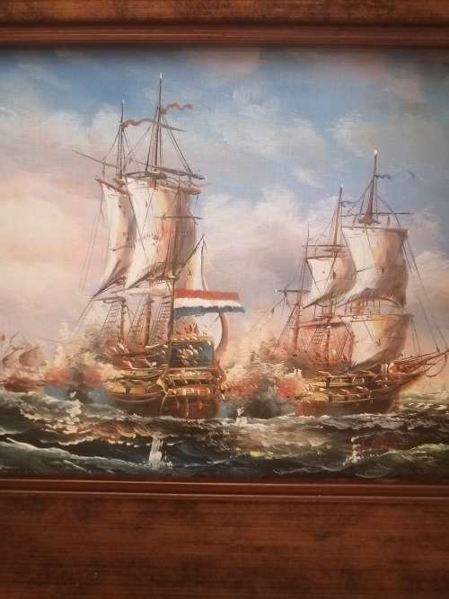 Painting of War Ships by J. Harvey framed