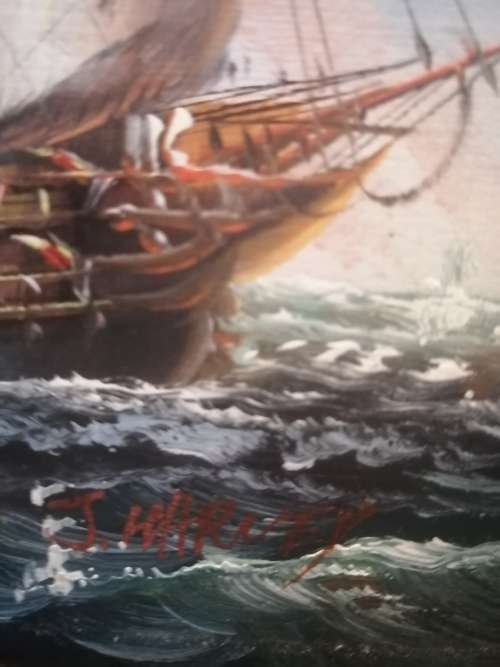 Painting of War Ships by J. Harvey framed