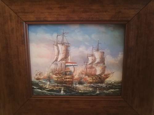 Painting of War Ships by J. Harvey framed